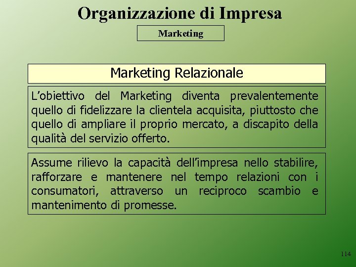Organizzazione di Impresa Marketing Relazionale L’obiettivo del Marketing diventa prevalentemente quello di fidelizzare la