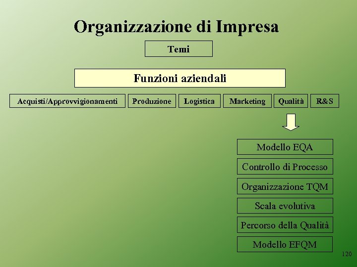 Organizzazione di Impresa Temi Funzioni aziendali Acquisti/Approvvigionamenti Produzione Logistica Marketing Qualità R&S Modello EQA