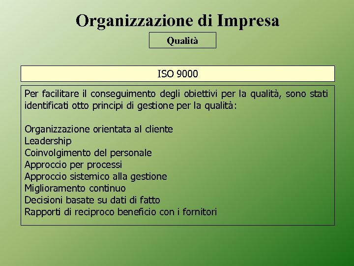 Organizzazione di Impresa Qualità ISO 9000 Per facilitare il conseguimento degli obiettivi per la