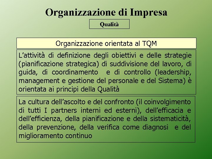 Organizzazione di Impresa Qualità Organizzazione orientata al TQM L’attività di definizione degli obiettivi e