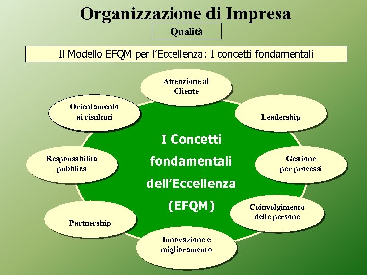 Organizzazione di Impresa Qualità Il Modello EFQM per l’Eccellenza: I concetti fondamentali Attenzione al