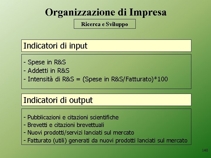 Organizzazione di Impresa Ricerca e Sviluppo Indicatori di input - Spese in R&S -