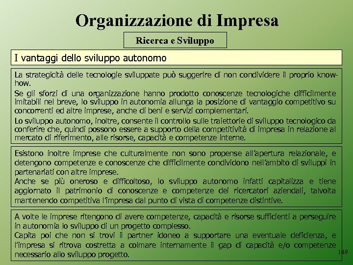 Organizzazione di Impresa Ricerca e Sviluppo I vantaggi dello sviluppo autonomo La strategicità delle