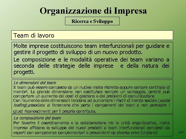 Organizzazione di Impresa Ricerca e Sviluppo Team di lavoro Molte imprese costituiscono team interfunzionali