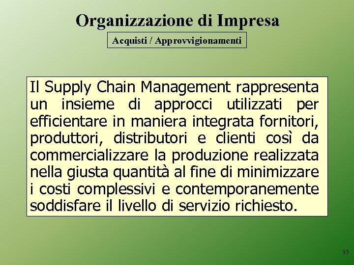 Organizzazione di Impresa Acquisti / Approvvigionamenti Il Supply Chain Management rappresenta un insieme di