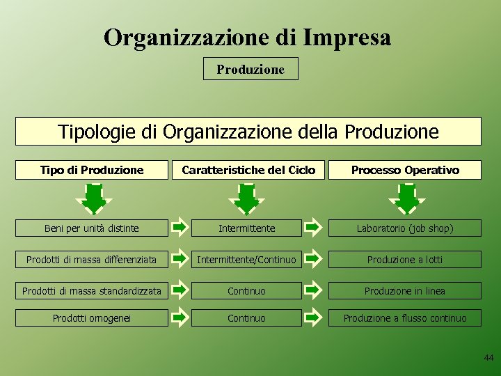 Organizzazione di Impresa Produzione Tipologie di Organizzazione della Produzione Tipo di Produzione Caratteristiche del