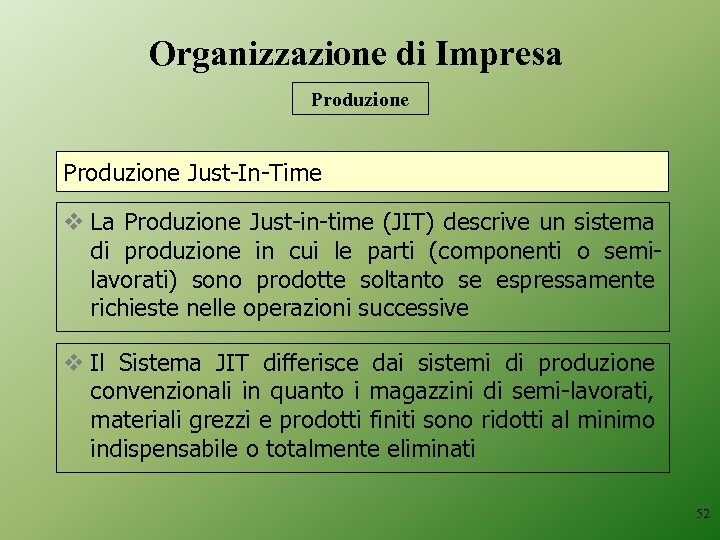 Organizzazione di Impresa Produzione Just-In-Time v La Produzione Just-in-time (JIT) descrive un sistema di