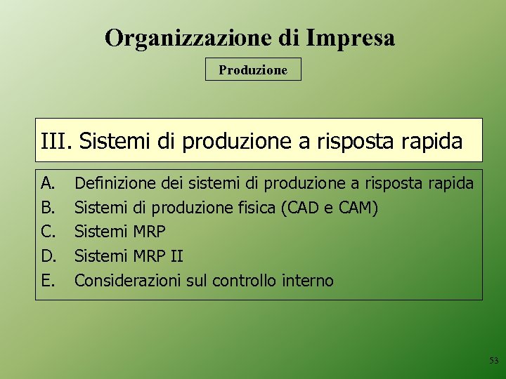 Organizzazione di Impresa Produzione III. Sistemi di produzione a risposta rapida A. B. C.