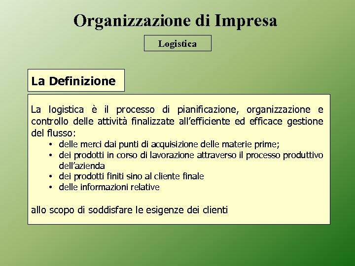 Organizzazione di Impresa Logistica La Definizione La logistica è il processo di pianificazione, organizzazione