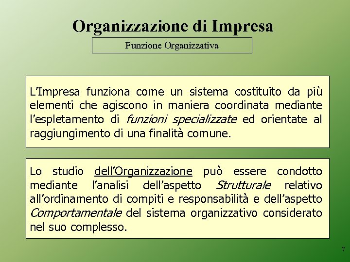 Organizzazione di Impresa Funzione Organizzativa L’Impresa funziona come un sistema costituito da più elementi