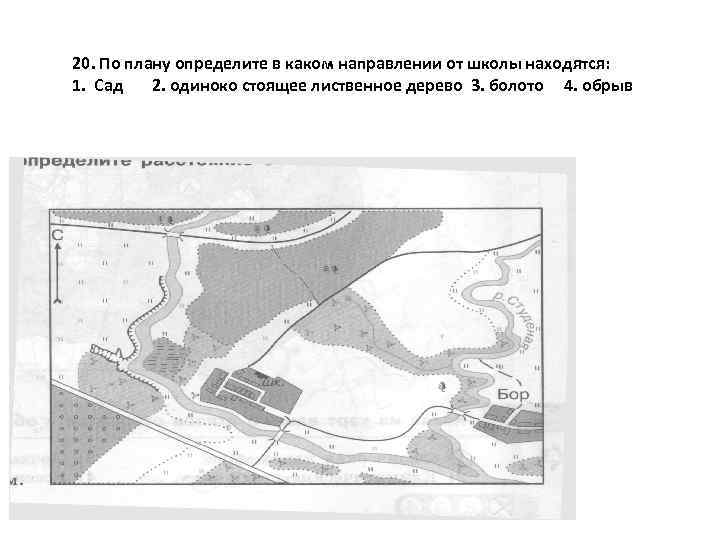 20. По плану определите в каком направлении от школы находятся: 1. Сад 2. одиноко
