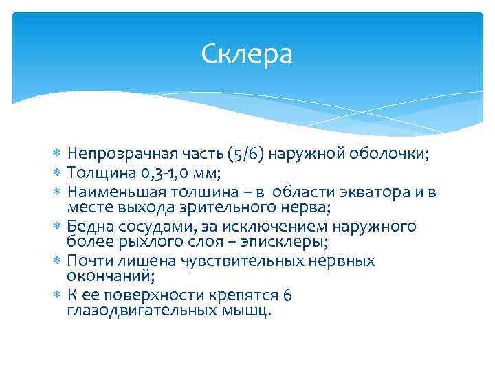 Склера Непрозрачная часть (5/6) наружной оболочки; Толщина 0, 3 -1, 0 мм; Наименьшая толщина