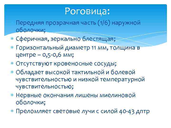 Роговица: Передняя прозрачная часть (1/6) наружной оболочки; Сферичная, зеркально блестящая; Горизонтальный диаметр 11 мм,