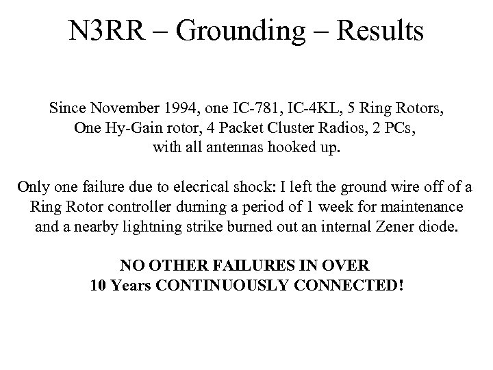 N 3 RR – Grounding – Results Since November 1994, one IC-781, IC-4 KL,