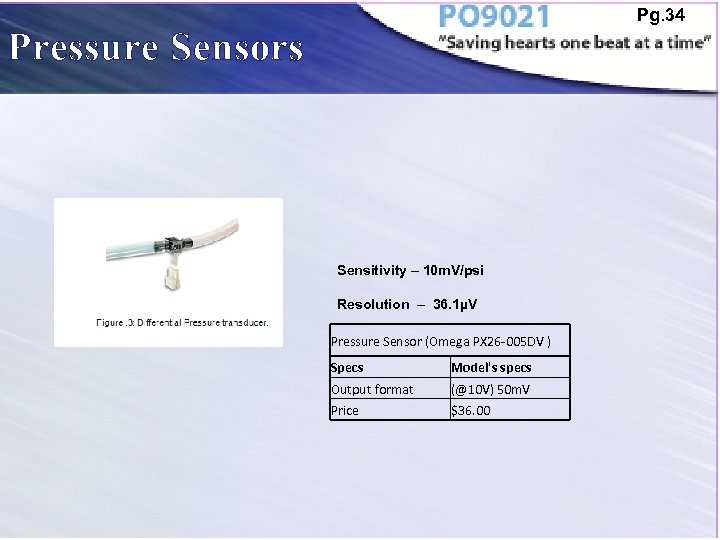 Pg. 34 Pressure Sensors Sensitivity – 10 m. V/psi Resolution – 36. 1µV Pressure