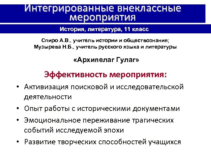Интегрированные внеклассные мероприятия История, литература, 11 класс Спиро А. В. , учитель истории и