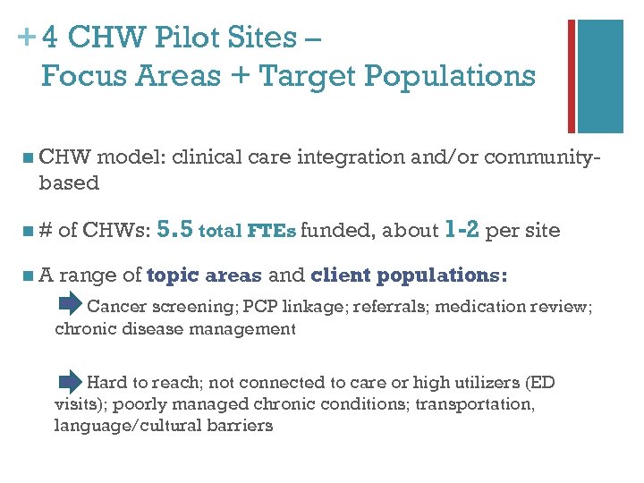 + 4 CHW Pilot Sites – Focus Areas + Target Populations n CHW model: