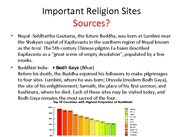 Important Religion Sites Sources? • Nepal -Siddhartha Gautama, the future Buddha, was born at