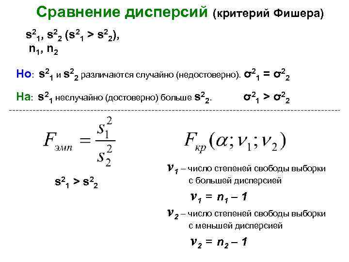 Степень свободы фишера. Критерий Фишера формула дисперсии. Критерий равенства дисперсий.