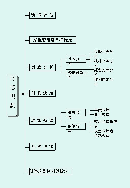 環境評估 企業整體發展目標確定 財務分析 財 比率分 析 發展趨勢分 析 務 規 流動比率分 析 槓桿比率分 析