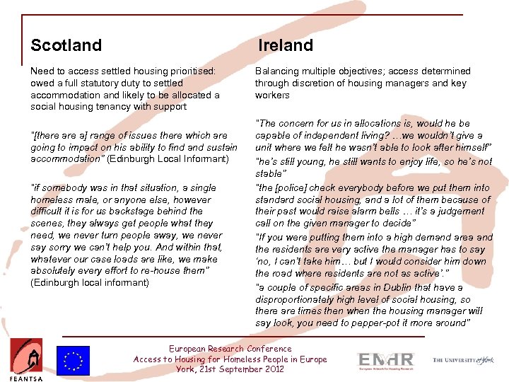 Scotland Ireland Need to access settled housing prioritised: owed a full statutory duty to