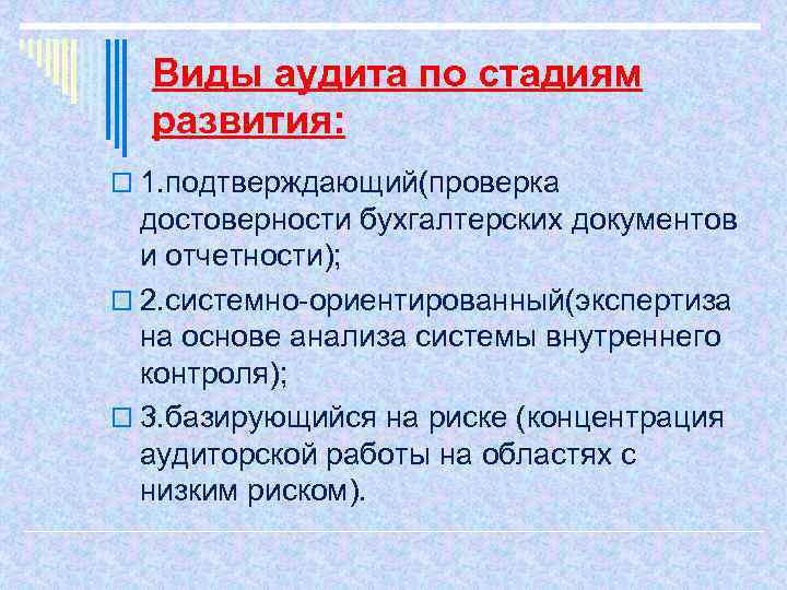 Виды аудита по стадиям развития: o 1. подтверждающий(проверка достоверности бухгалтерских документов и отчетности); o