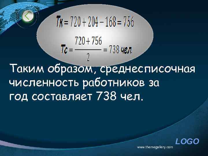 Таким образом, среднесписочная численность работников за год составляет 738 чел. www. themegallery. com LOGO