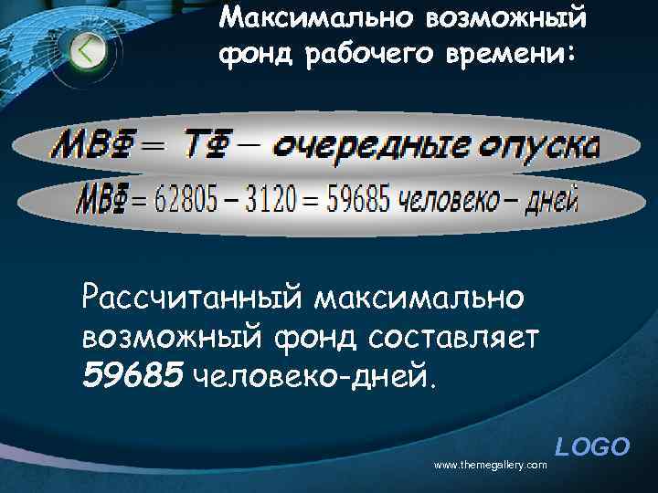 Максимально возможный фонд рабочего времени: Рассчитанный максимально возможный фонд составляет 59685 человеко-дней. www. themegallery.