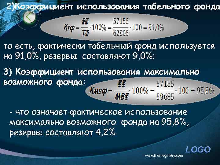 2)Коэффициент использования табельного фонда то есть, фактически табельный фонд используется на 91, 0%, резервы