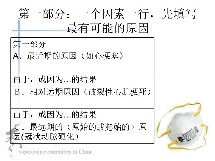 第一部分：一个因素一行，先填写 最有可能的原因 第一部分 A．最近期的原因（如心梗塞） 由于，或因为…的结果 Ｂ．相对远期原因（破裂性心肌梗死） 由于，或因为…的结果 Ｃ．最远期的（原始的或起始的）原 因(冠状动脉硬化） 