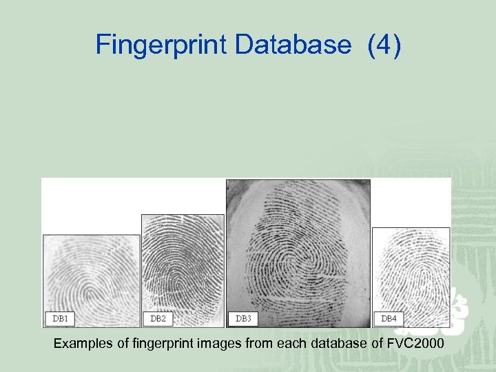 Fingerprint Database (4) Examples of fingerprint images from each database of FVC 2000 