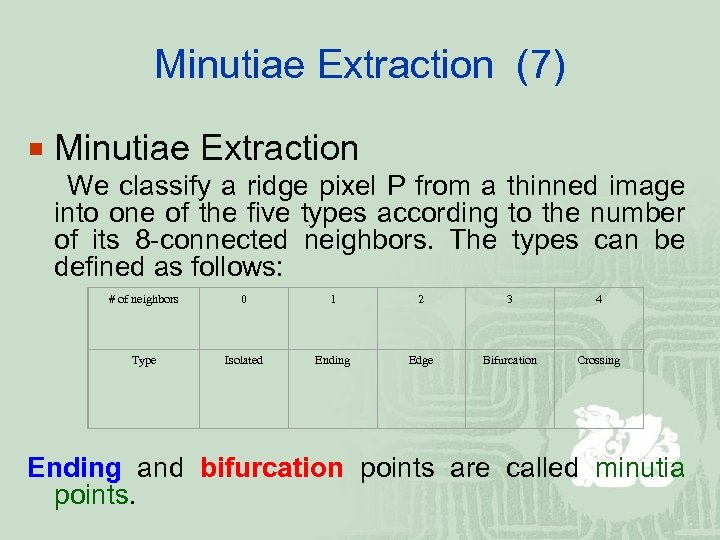 Minutiae Extraction (7) ¡ Minutiae Extraction We classify a ridge pixel P from a