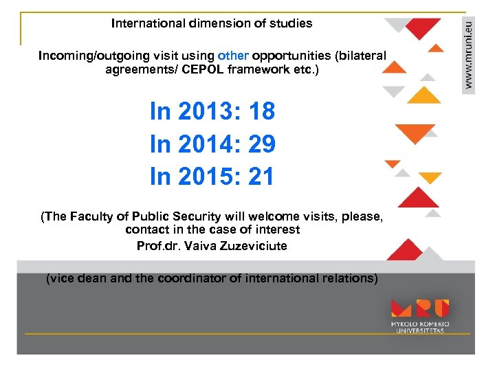 International dimension of studies Incoming/outgoing visit using other opportunities (bilateral agreements/ CEPOL framework etc.