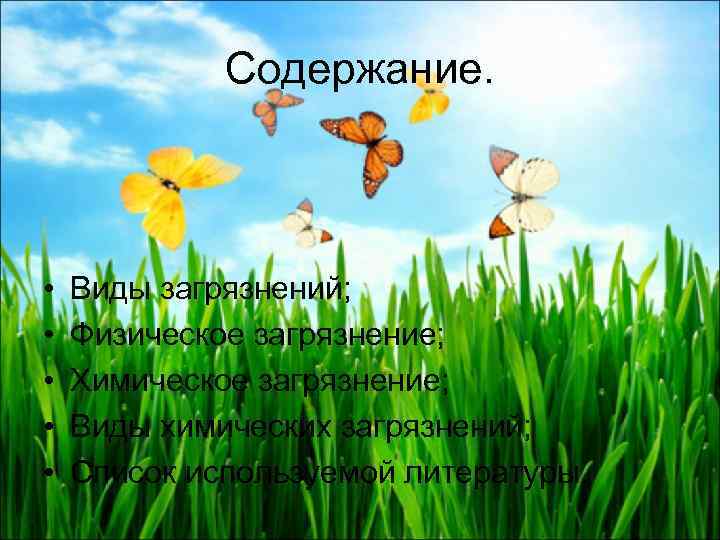 Содержание. • • • Виды загрязнений; Физическое загрязнение; Химическое загрязнение; Виды химических загрязнений; Список