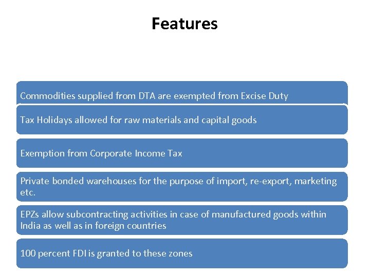 Features Commodities supplied from DTA are exempted from Excise Duty Tax Holidays allowed for