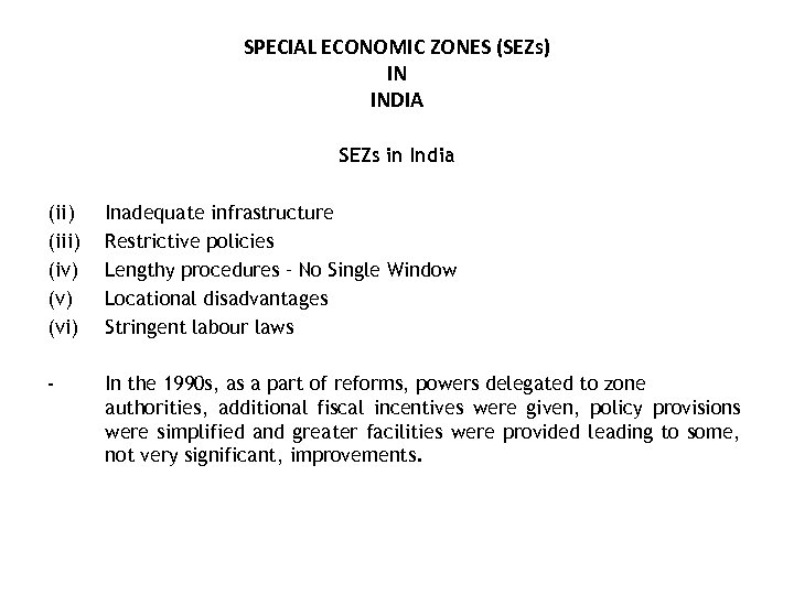 SPECIAL ECONOMIC ZONES (SEZs) IN INDIA SEZs in India (ii) (iv) (vi) Inadequate infrastructure