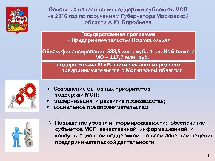 Основные направления поддержки субъектов МСП на 2016 год по поручениям Губернатора Московской области А.