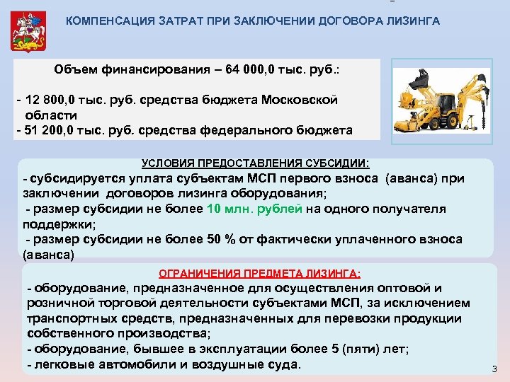 КОМПЕНСАЦИЯ ЗАТРАТ ПРИ ЗАКЛЮЧЕНИИ ДОГОВОРА ЛИЗИНГА Объем финансирования – 64 000, 0 тыс. руб.