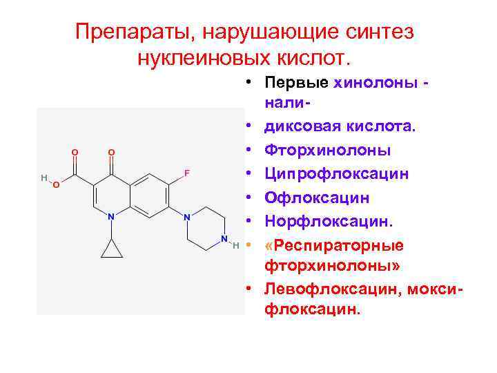 Препараты, нарушающие синтез нуклеиновых кислот. • Первые хинолоны нали • диксовая кислота. • Фторхинолоны