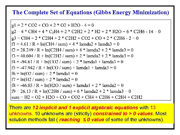 The Complete Set of Equations (Gibbs Energy Minimization) There are 12 implicit and 1