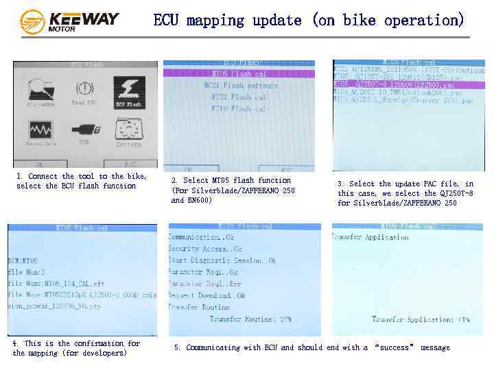 ECU mapping update (on bike operation) 1. Connect the tool to the bike, select