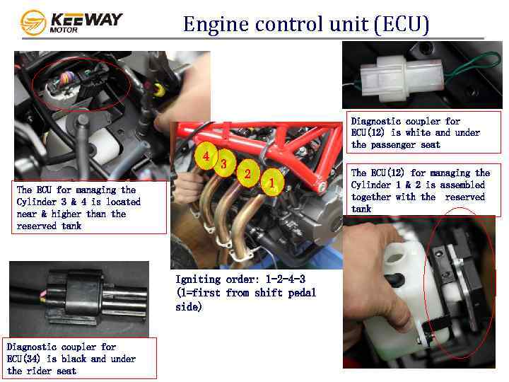 Engine control unit (ECU) Diagnostic coupler for ECU(12) is white and under the passenger