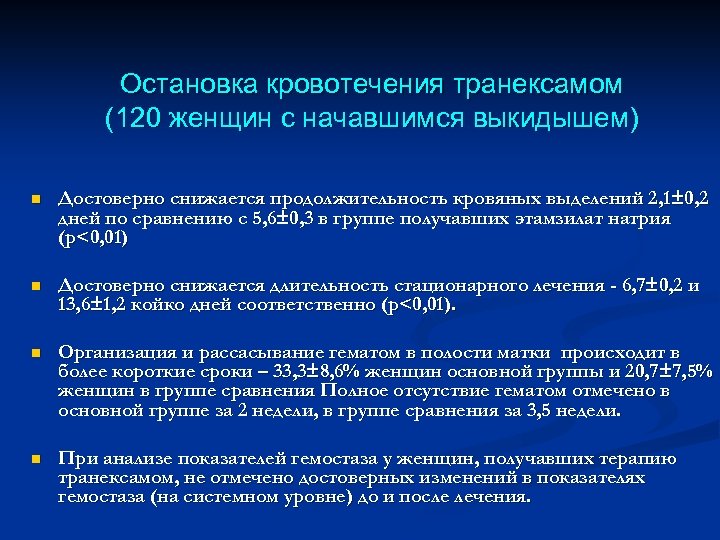 Остановка кровотечения транексамом (120 женщин с начавшимся выкидышем) n Достоверно снижается продолжительность кровяных выделений