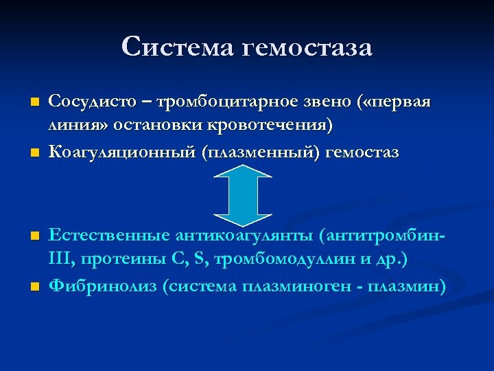 Система гемостаза n n Сосудисто – тромбоцитарное звено ( «первая линия» остановки кровотечения) Коагуляционный