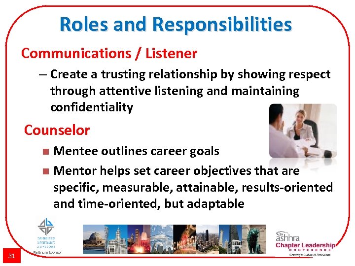 Roles and Responsibilities Communications / Listener – Create a trusting relationship by showing respect