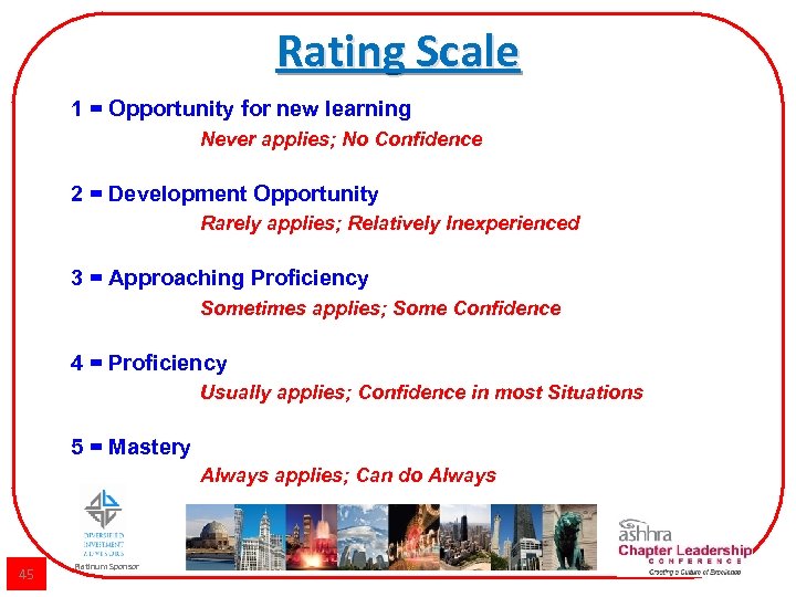 Rating Scale 1 = Opportunity for new learning Never applies; No Confidence 2 =