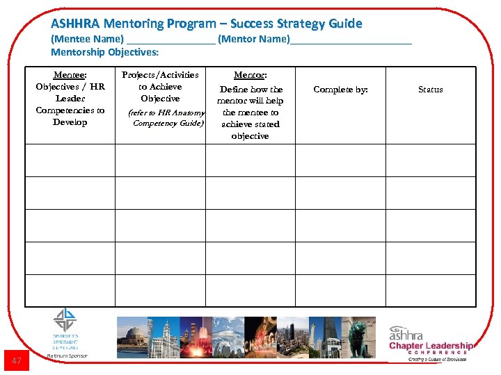 ASHHRA Mentoring Program – Success Strategy Guide (Mentee Name) ________ (Mentor Name)___________ Mentorship Objectives: