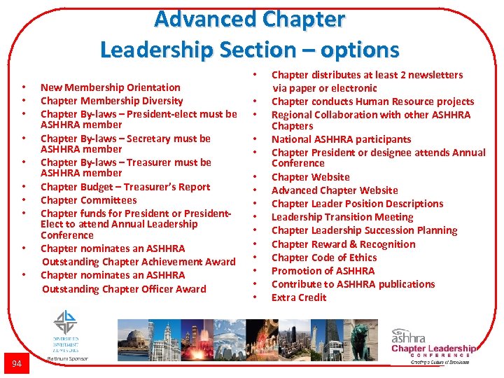 Advanced Chapter Leadership Section – options • • • 94 New Membership Orientation Chapter