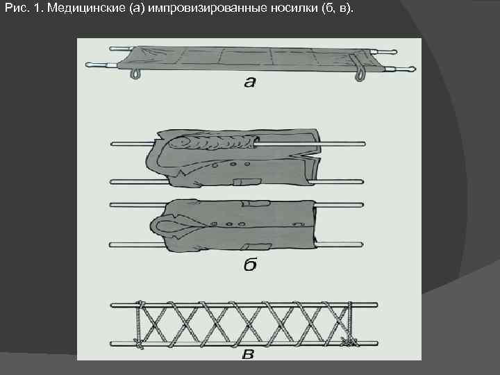 Рис. 1. Медицинские (а) импровизированные носилки (б, в). 