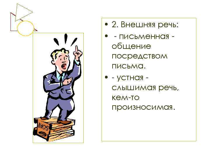  • 2. Внешняя речь: • - письменная общение посредством письма. • - устная